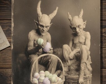 Vintage Victorian Horned Children With Easter Basket Card Gothic Macabre Antique Style Art Blank Inside