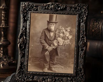 Vintage Monkey with Flower Bouquet Print Victorian Romantic Wall Art