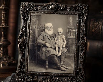 Santa and Alien Child  Art Print Gothic Christmas Weird Vintage Holiday Wall Art Sepia Spooky Photography