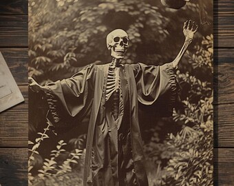 Vintage Victorian Skeleton Graduation Celebration Card Gothic Macabre Graduate Art Antique Style Photography Blank Inside