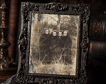 Creepy Masked Women In The Woods  Gothic Weird Vintage Sepia Group Portrait Art Print Dark Wall Decor