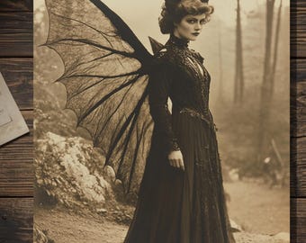 Victorian Bat Wing Woman Gothic Dark Fairy Sepia Vintage Style Weird Art Greeting Card Blank Inside