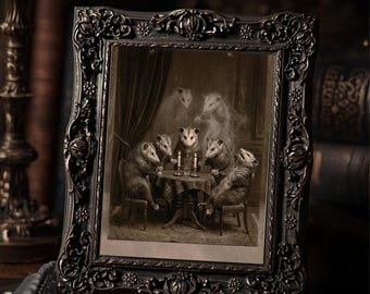 Vintage Victorian Opossum Seance Halloween Art Print Ghost Gothic Antique Style Photography Spooky Wall Decor