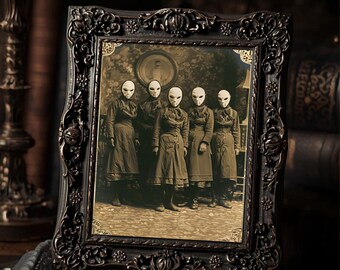 Victorian Masked Ladies  Gothic Weird Vintage Sepia Creepy Group Portrait Art Print Dark Wall Decor