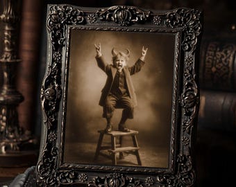 Victorian Demon Child Devil Hands Tongue Out Gothic Creepy Cute  Art Print Weird Antique Style Wall Decor