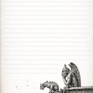 May include: Lined paper featuring a detailed pen and ink illustration of two gargoyles on a building, overlooking a city skyline. The artwork is in monochrome, with a vintage style.