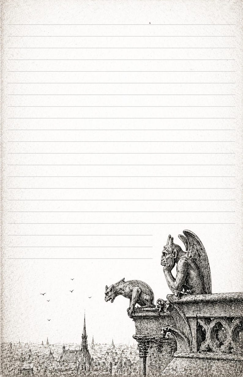 May include: Lined paper featuring a detailed pen and ink illustration of two gargoyles on a building, overlooking a city skyline. The artwork is in monochrome, with a vintage style.