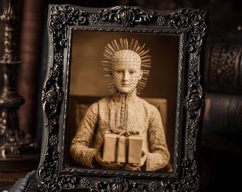 Vintage Victorian Pin Head Child With Gift Gothic Dark Horror  Art Print Antique Style Macabre Wall Decor