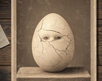 Vintage Victorian Macabre Cracked Egg Portrait Easter Card Gothic Antique Style Art Blank Inside