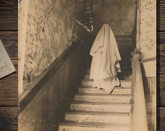 Sheet Ghost On Stairs Greeting Card Vintage Sepia Creepy Haunted House Photograph Spooky Gothic Card Blank Inside