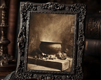 Vintage Witch Cauldron  Gothic Sepia Creepy Rustic Pot Over Fire Art Print Dark Witchy Wall Decor