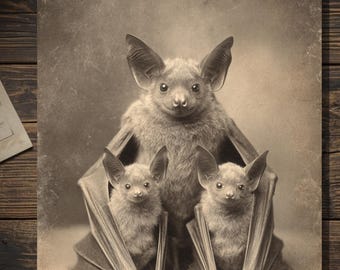 Vintage Victorian Bat Mother Babies Mothers Day Card Gothic Animal Antique Style Photography Blank Inside