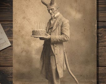 Vintage Victorian Devil with Birthday Cake Card Gothic Macabre Art Antique Style Photography Blank Inside