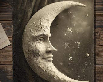 Vintage Victorian Crescent Moon Face Dreamy Surreal Night Sky Gothic Art Card Antique Style Photography Blank Inside