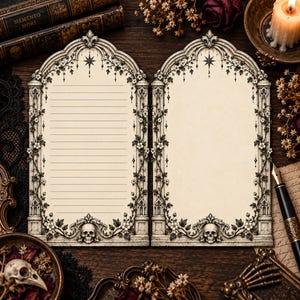 May include: Two arched stationery sheets featuring a cream-colored background with intricate black gothic architectural borders, floral vines, and a skull at the base. The left sheet has horizontal lines for writing, while the right sheet is blank.