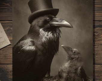 Vintage Victorian Raven Crow Father and Chick Fathers Day Card Gothic Macabre Bird Nest Antique Style Photography Blank Inside
