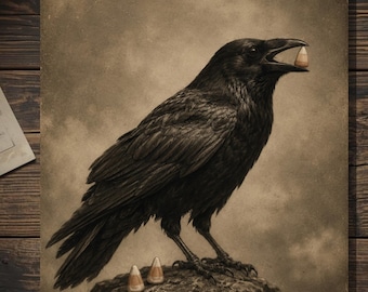 Vintage Victorian Raven Candy Corn Halloween Card Gothic Bird Antique Style Photography Blank Inside