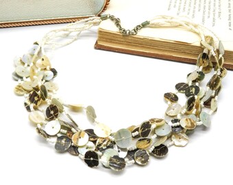 Vintage Layered Abalone Shell White Glass Bead Necklace L40