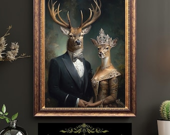 Victorian Deer Couple Portrait Stag and Doe Art Vintage Anthropomorphic Fine Art Oil Style Print