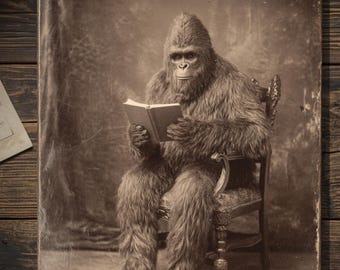 Vintage Victorian Bigfoot Reading Book Funny Cryptid Card Gothic Antique Sepia Photography Blank Inside