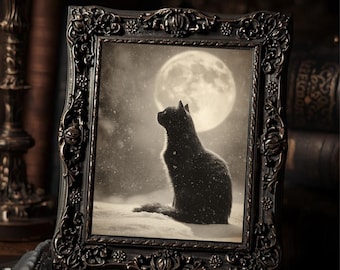 Black Cat Under Full Moon Winter Art Print  Gothic Witch Cat Snowy Night Dark Fantasy Wall Decor
