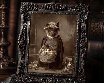 Vintage Victorian Macabre Bat With Basket of Chicks Gothic Wall Print Antique Style Art