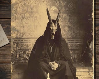 Horned Figure With Candle Gothic Occult Sepia Vintage Style Weird Art Greeting Card Blank Inside