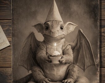 Baby Dragon With Cupcake Gothic Fantasy Birthday Card Victorian Style Whimsical Creature
