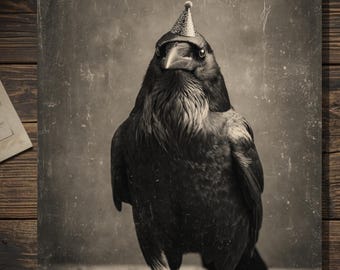 Raven Birthday Greeting Card Gothic Victorian Crow Party Hat Vintage Style Blank Inside