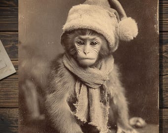 Vintage Baby Monkey Santa Hat Christmas Card Victorian Holiday Blank Greeting