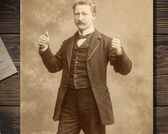 Vintage Victorian Double Thumbs Up Gentleman Thank You Congratulations Card Gothic Macabre Art Antique Style Photography Blank Inside