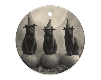 Vintage Victorian Black Cat Witch Pumpkin Ornament Gothic Halloween Moon