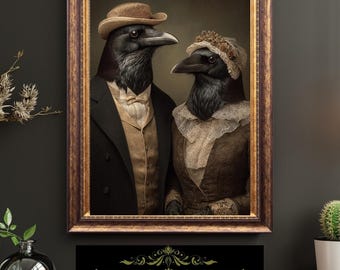 Victorian Crow Couple Portrait Vintage Bird Art Gothic Anthropomorphic Fine Art Oil Style Print