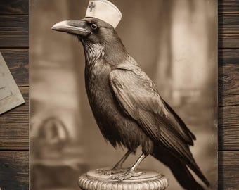 Vintage Victorian Raven Nurse Get Well Card Gothic Dark Humor Art Antique Style Photography Blank Inside