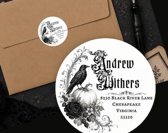 Personalized Raven Pumpkin Return Address Labels Gothic Victorian Fall Floral Custom Round Halloween Stickers
