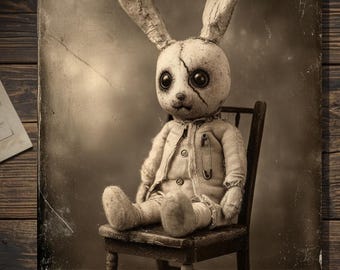 Vintage Gothic Creepy Bunny Doll Card Victorian Style Haunted Easter Rabbit Blank Inside