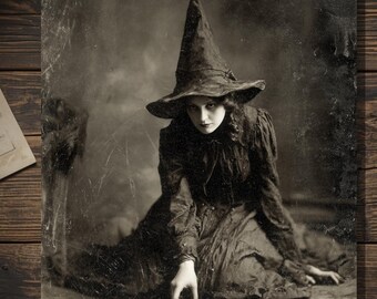 Witch Casting Circle Gothic Halloween Greeting Card Vintage Sepia Witch Photograph Occult Ritual Spooky Stationery Blank Inside