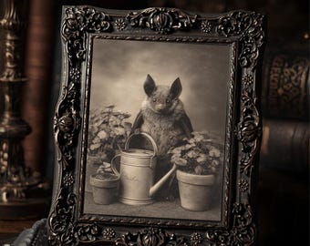 Victorian Bat Watering Plants Art Print Antique Style Sepia Bat Portrait Gothic Print