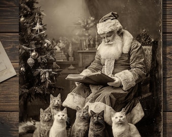 Santa Reading to Kittens Christmas Card Vintage Victorian Cat Holiday Greeting Card