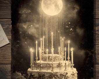 Vintage Full Moon Birthday Cake Card Victorian Gothic Candlelight Blank Inside