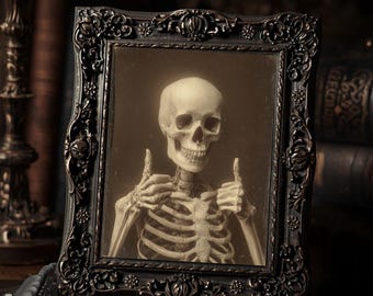 Victorian Skeleton Double Thumbs Up Gothic Dark Humor  Art Print Macabre Antique Style Wall Decor