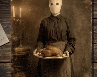 Vintage Gothic Harvest Ritual Card Victorian Style Masked Figure with Turkey Blank Inside