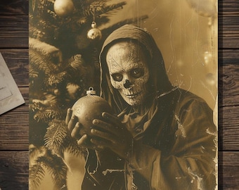 Vintage Victorian Skeleton Man Christmas Tree Card Gothic Holiday Art Antique Style Photography Blank Inside