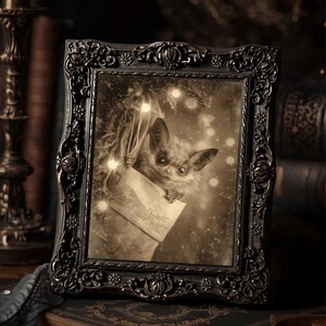 May include: Sepia-toned framed picture featuring a bat-like creature peeking out of a decorated envelope. The ornate black frame is detailed with floral and scrollwork designs. The image is set against a backdrop of books and a candle holder.