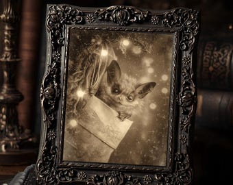Gothic Christmas Bat In Stocking Dark Cute Winter  Art Print Sepia Vintage Macabre Holiday Wall Decor