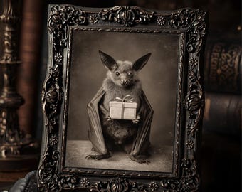 Victorian Bat Holding Gift Art Print Gothic Antique Style Sepia Bat Portrait