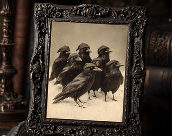 Vintage Victorian Winter Crow Christmas Wall Print Dark Holiday Birds In Hats