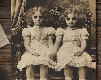 Creepy Victorian Twin Girls Gothic Weird Vintage Sepia Haunted Children Art Greeting Card Blank Inside
