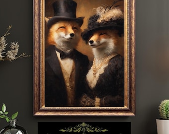 Victorian Fox Couple Portrait Elegant Animal Art Anthropomorphic Woodland Aristocrats Fine Art Oil Style Print