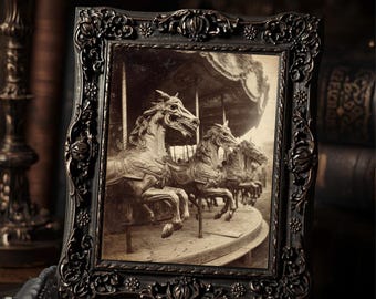 Creepy Carousel Horse Print Gothic Carnival Wall Art Vintage Haunted Fair Photo